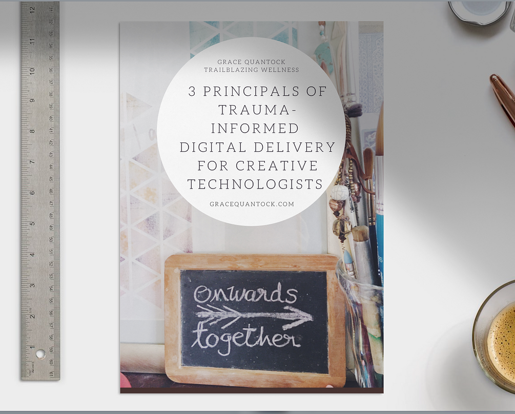 Book on a table, the book's title is 3 Principals of Trauma-Informed Digital Delivery for Creative Technologists.